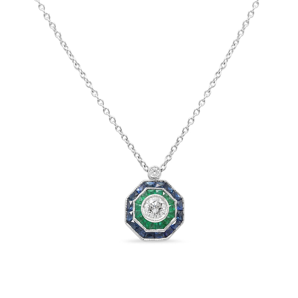 used 18ct White Gold Diamond, Emerald & Sapphire Cluster Necklace 18"