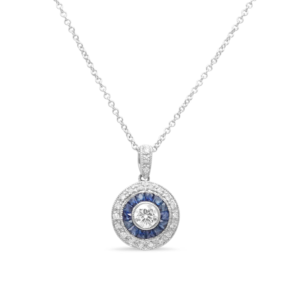 used 18ct White Gold Diamond & Sapphire Target Cluster Pendant Necklace 18"