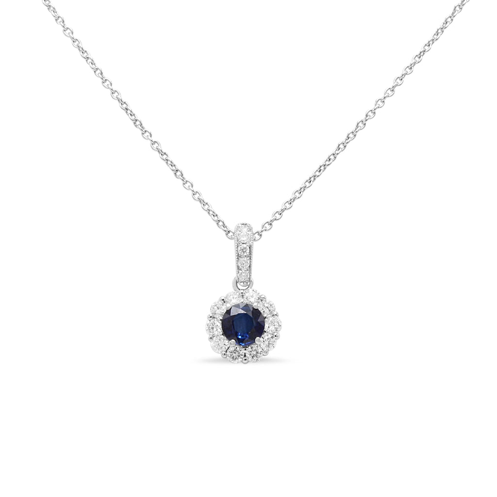 used 18ct White Gold Diamond & Sapphire Cluster Pendant Necklace 17"