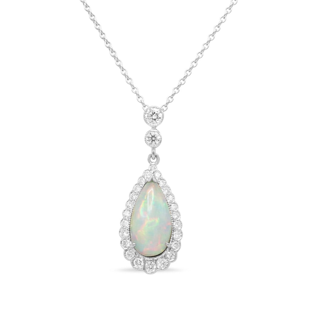 used 18ct White Gold Diamond & Opal Drop Necklace 16-18"
