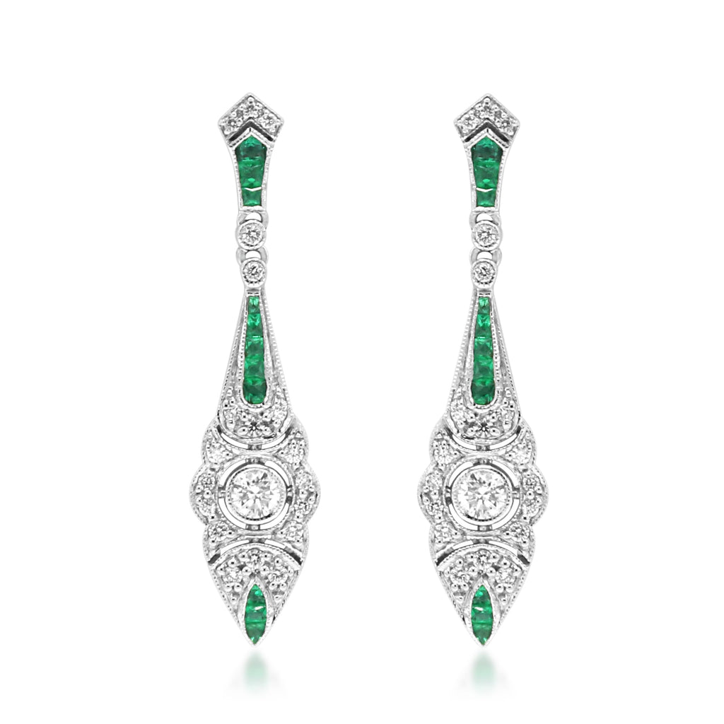 used 18ct White Gold Diamond & Emerald Drop Earrings