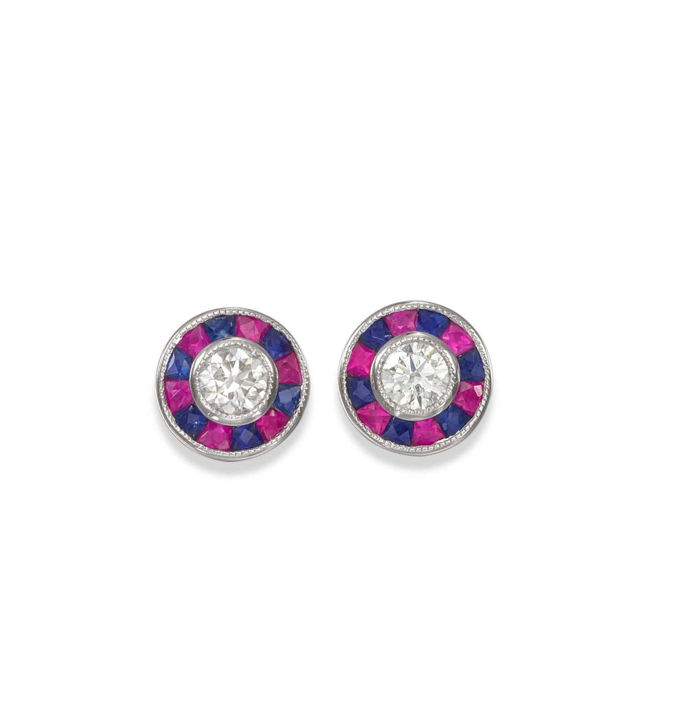 used 18ct White Gold Diamond, Ruby & Sapphire Target Cluster Stud Earrings