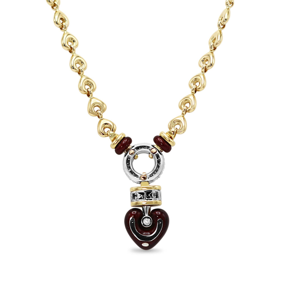 18Ct Gold Necklace With Enamel Diamond Heart Pendant