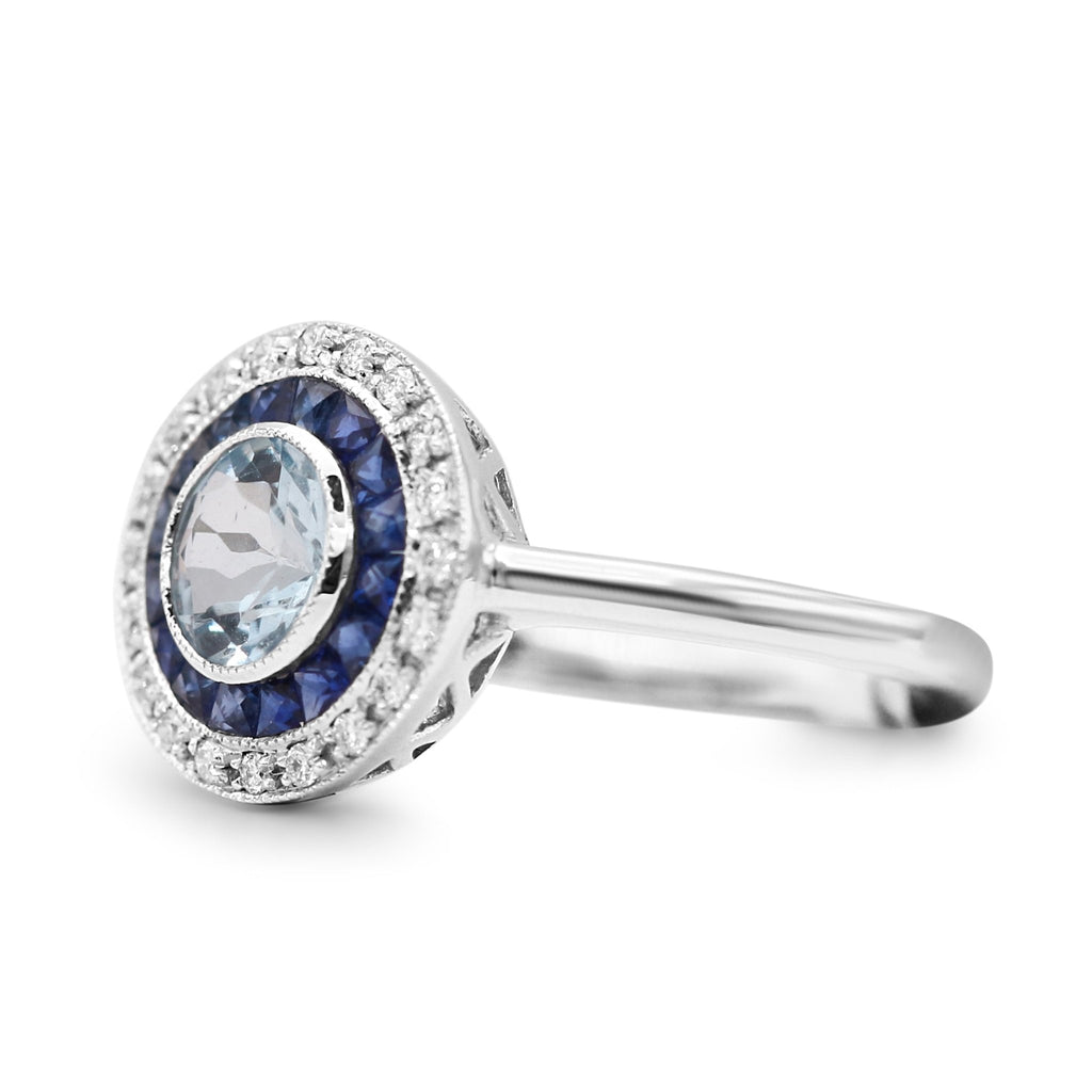 used 18ct White Gold Diamond, Aquamarine & Sapphire Target Cluster Ring