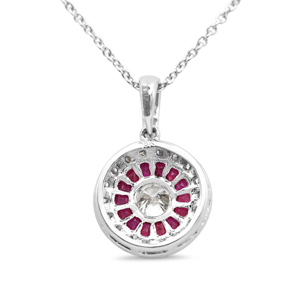 used 18ct White Gold Diamond & Ruby Target Cluster Pendant Necklace 17"