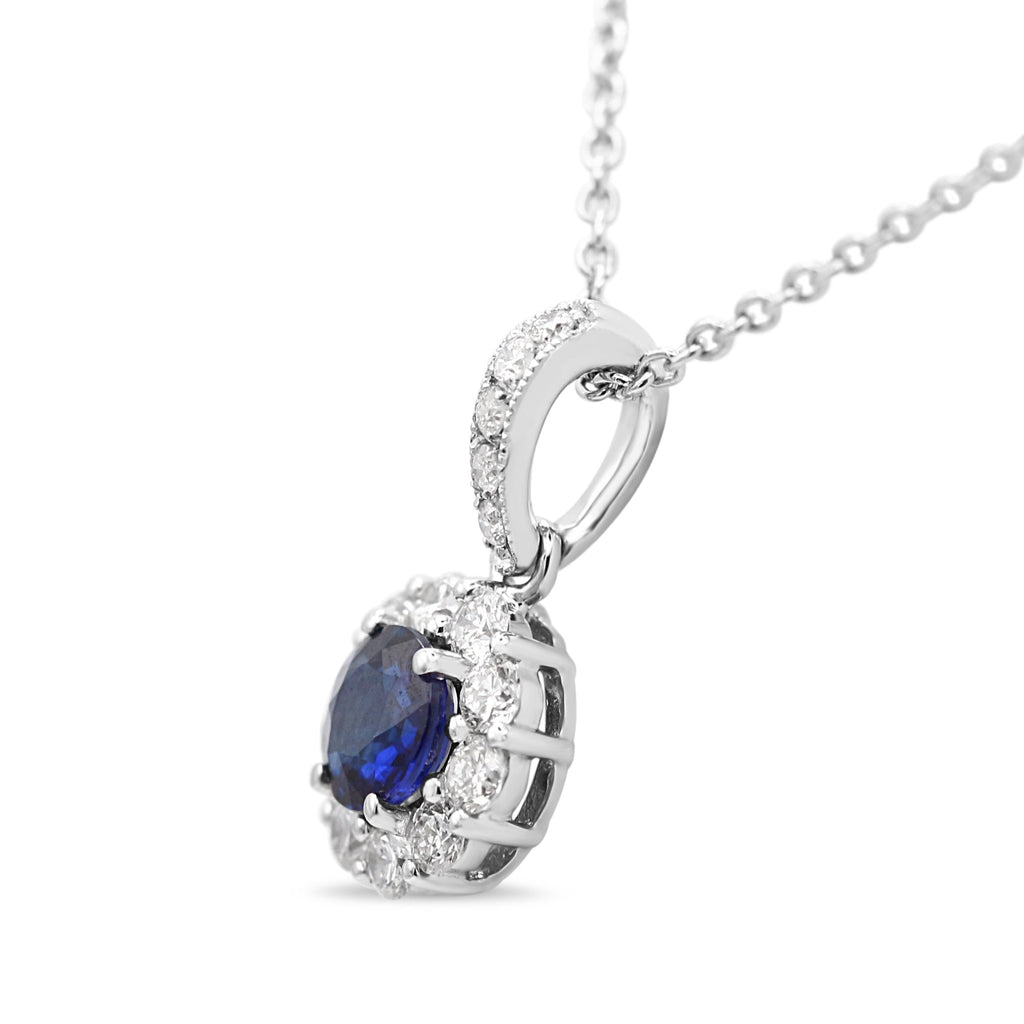 used 18ct White Gold Diamond & Sapphire Cluster Pendant Necklace 17"