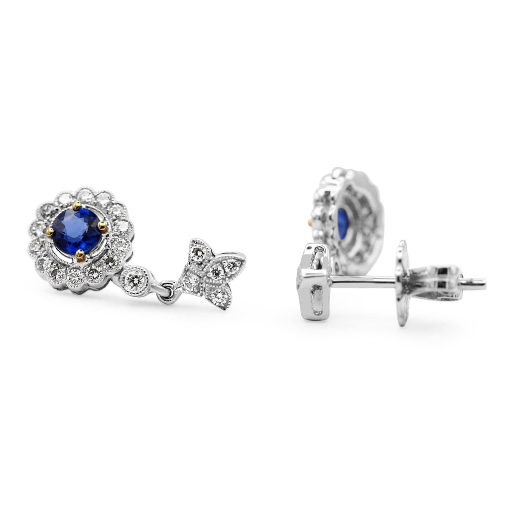 used 18ct White Gold Diamond & Sapphire Cluster Drop Earrings