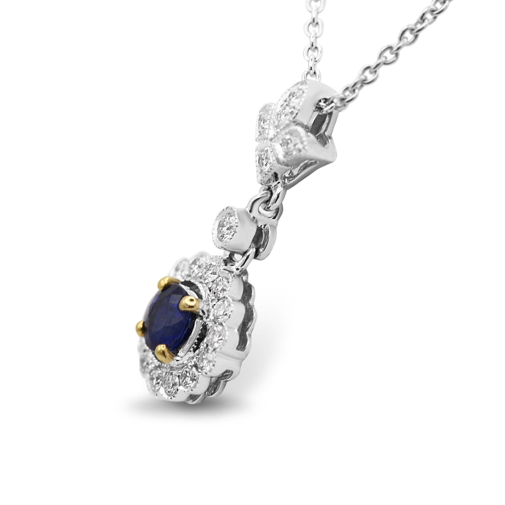 used 18ct White Gold Diamond & Sapphire Drop Pendant Necklace 17"