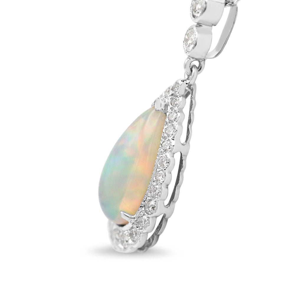used 18ct White Gold Diamond & Opal Drop Necklace 16-18"