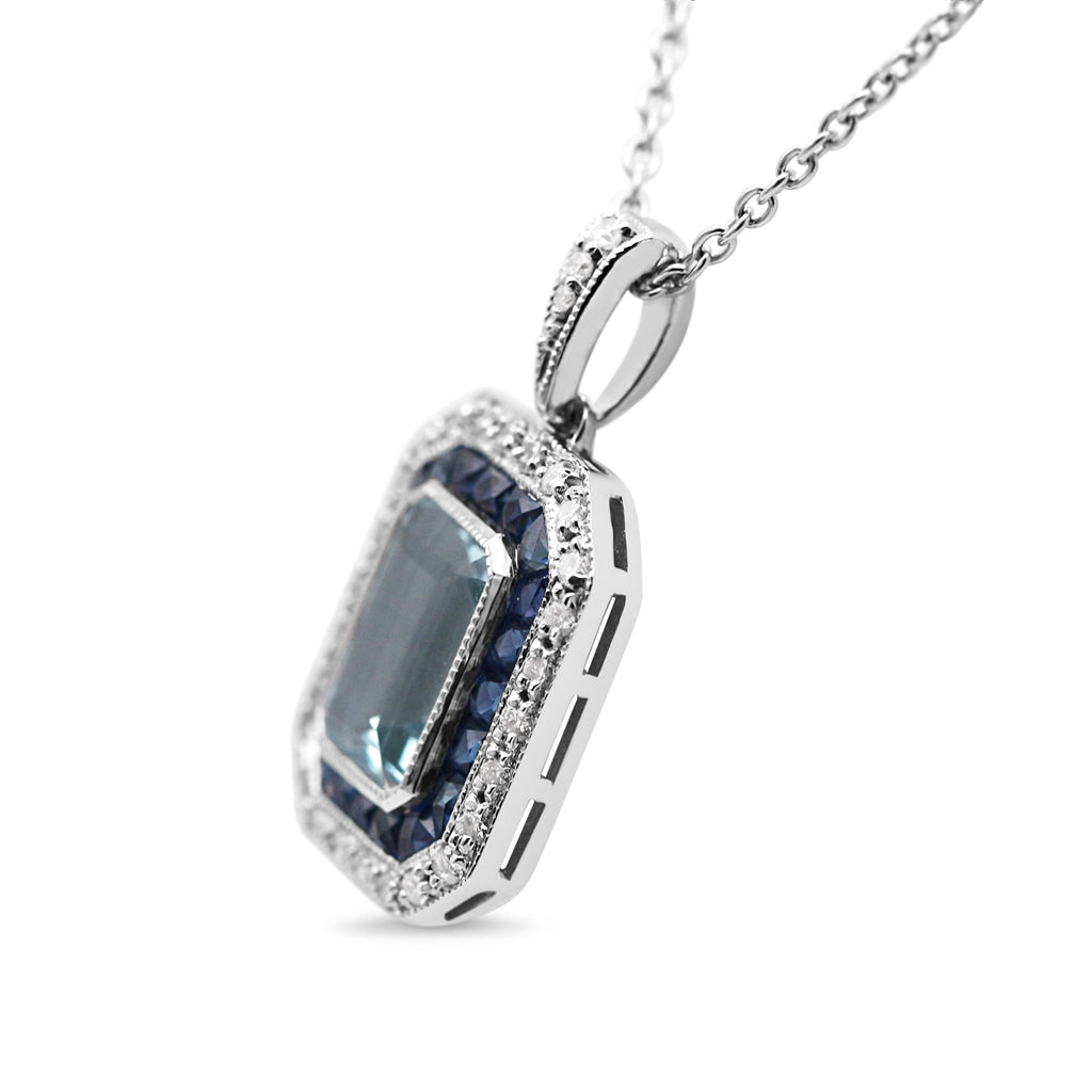 used 18ct White Gold Diamond, Sapphire & Aquamarine Pendant Necklace 17"