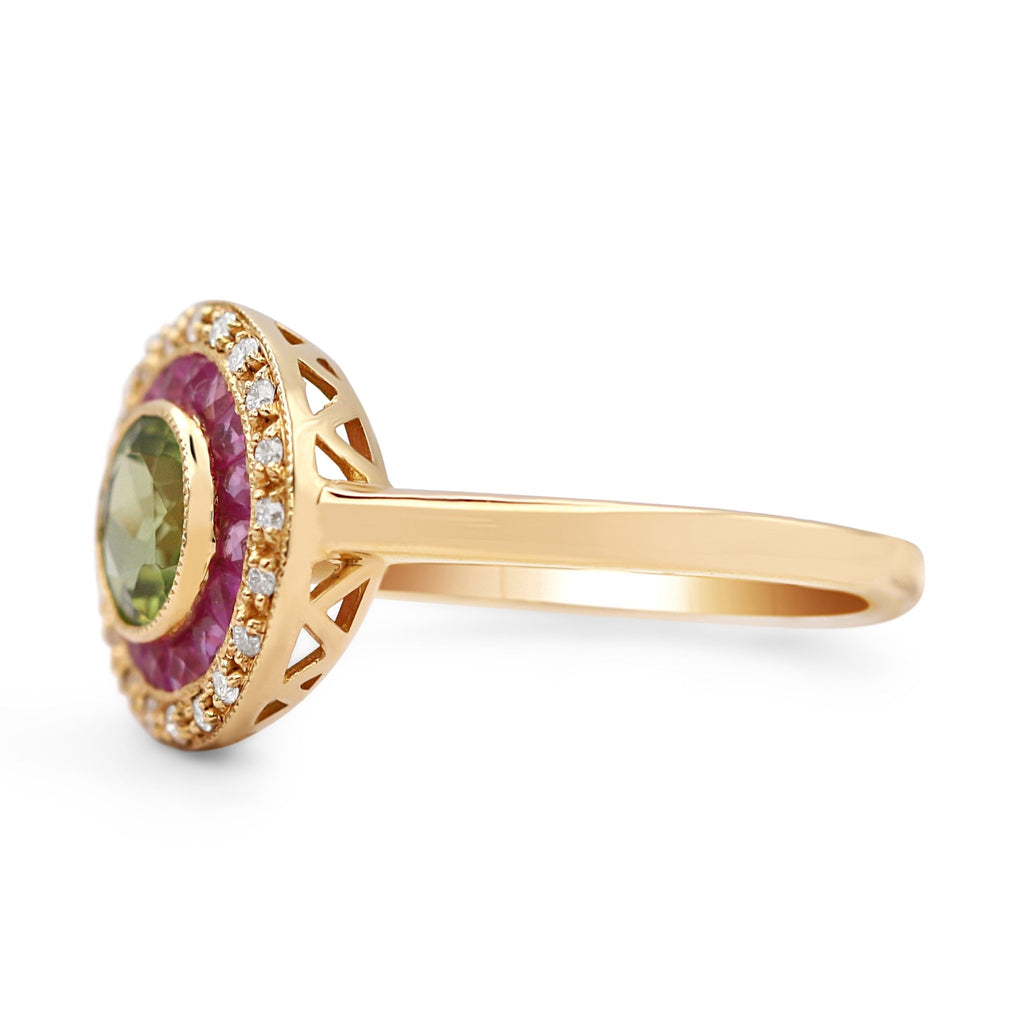 used 18ct Yellow Gold Diamond, Peridot and Ruby Target Cluster Ring