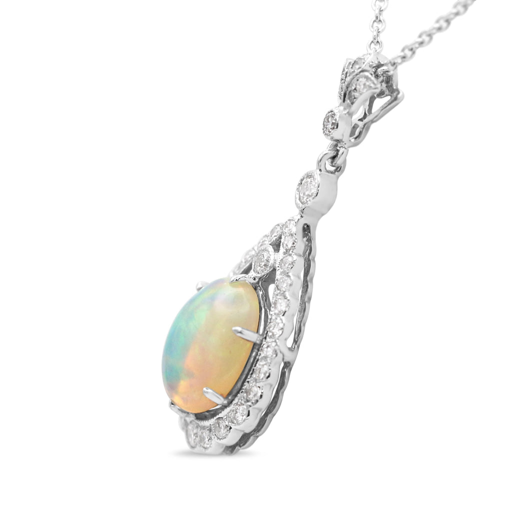 used 18ct White Gold Diamond and Opal Drop Necklace 16"-18"