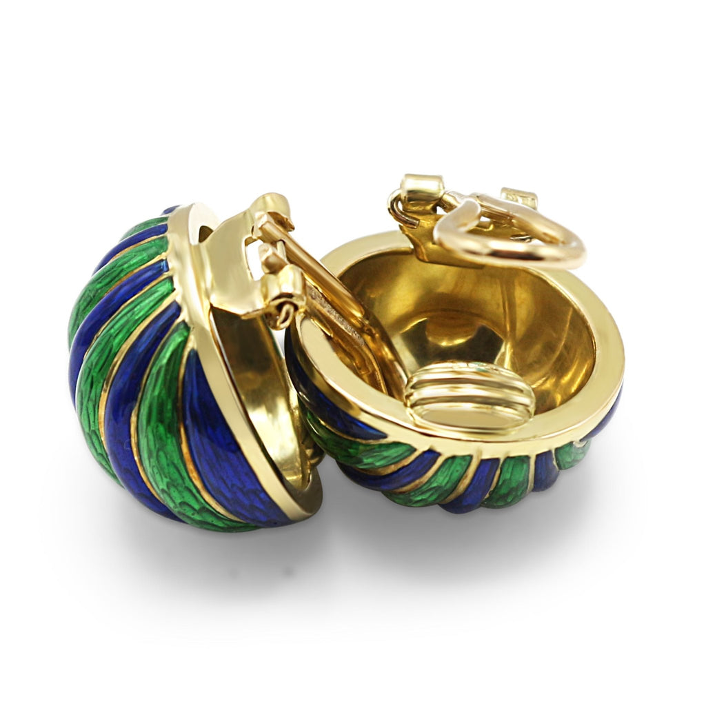 used A Pair Of Blue & Green Enamel 18ct Yellow Gold Earclips