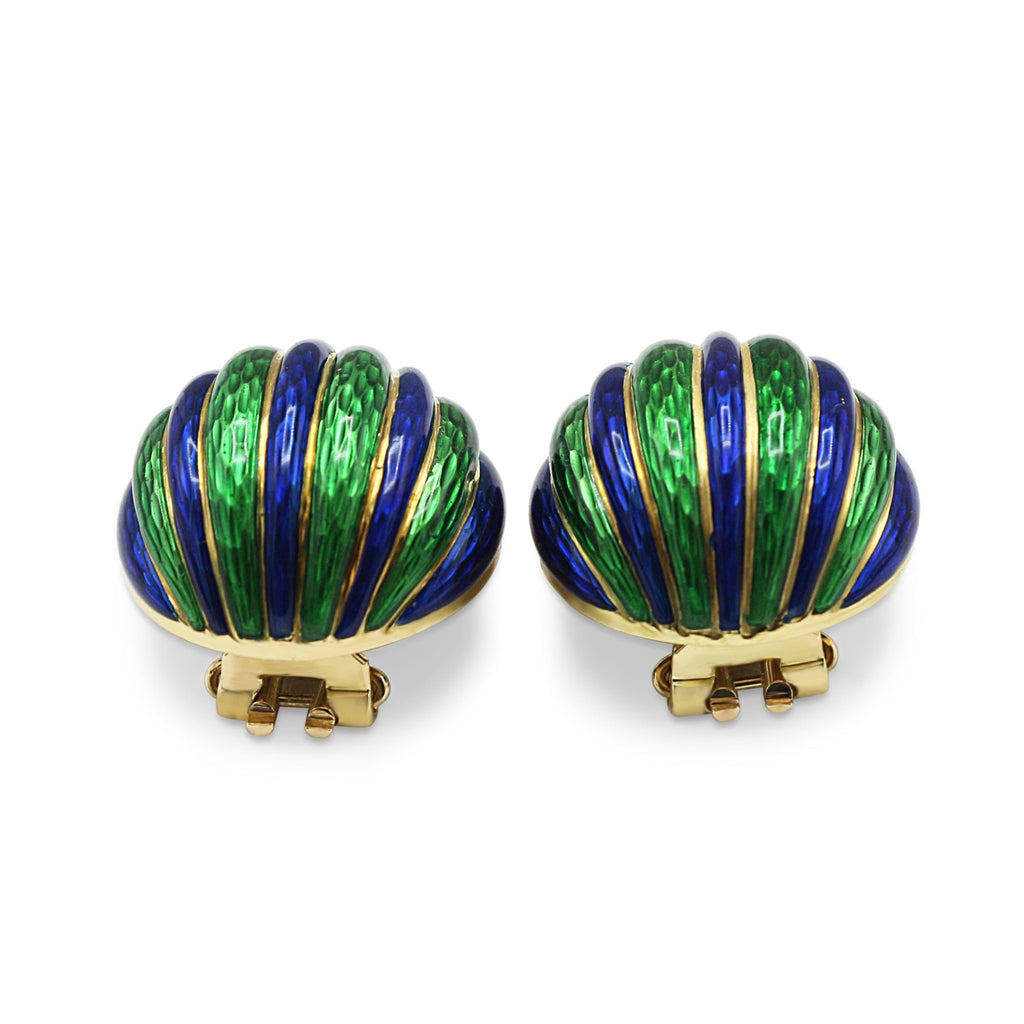 used A Pair Of Blue & Green Enamel 18ct Yellow Gold Earclips