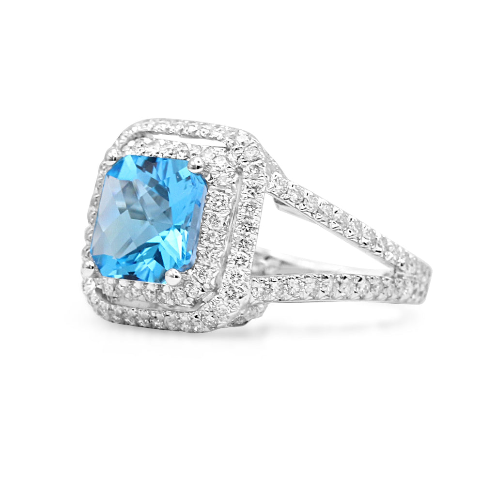 used Blue Topaz & Diamond Cluster Ring, Diamond Shoulders - 18ct White Gold