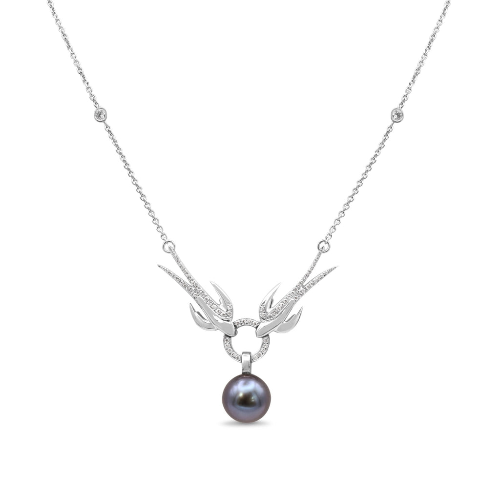 used Boodle Tahitian Pearl & Diamond Swallow Design Pendant Necklace - Platinum