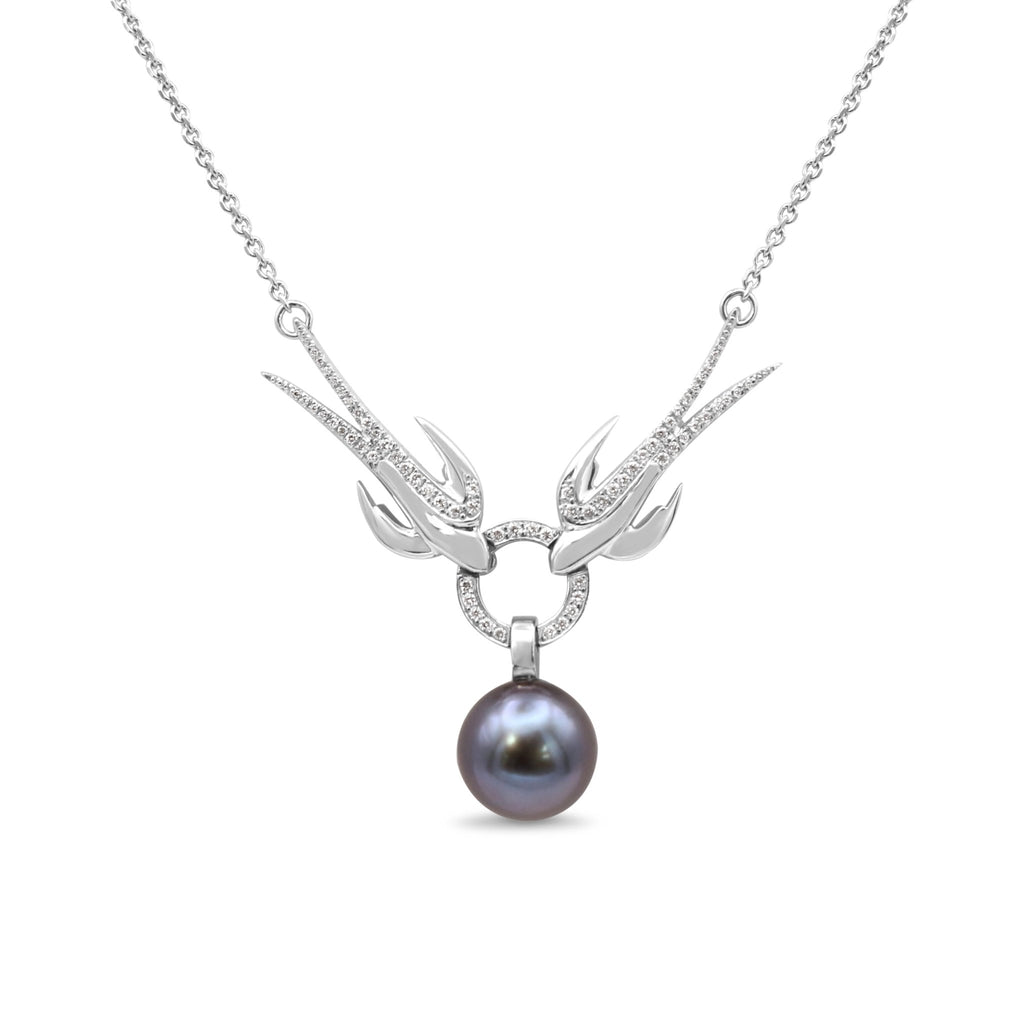 used Boodle Tahitian Pearl & Diamond Swallow Design Pendant Necklace - Platinum