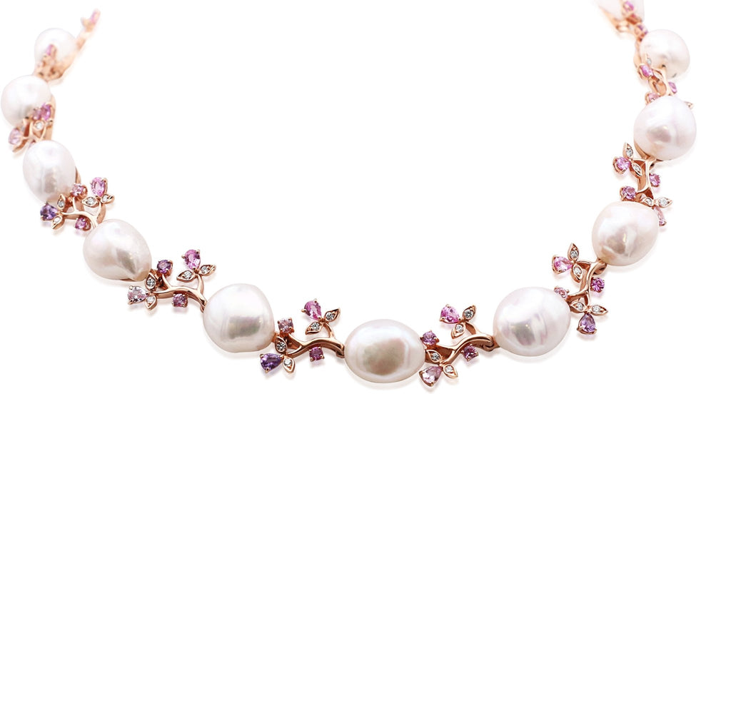 used Boodles Baroque Pearl, Pink Sapphire & Diamond Necklace - 18ct Rose Gold