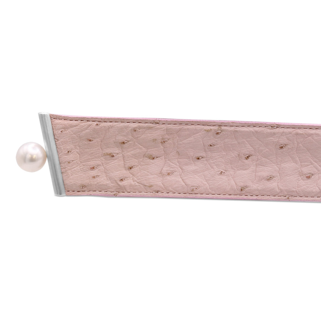 used Boodles Pink Ostrich Leather Snap Bracelet , Tahitian Pearl End