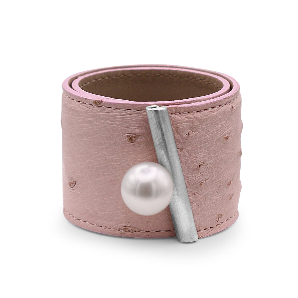 used Boodles Pink Ostrich Leather Snap Bracelet , Tahitian Pearl End