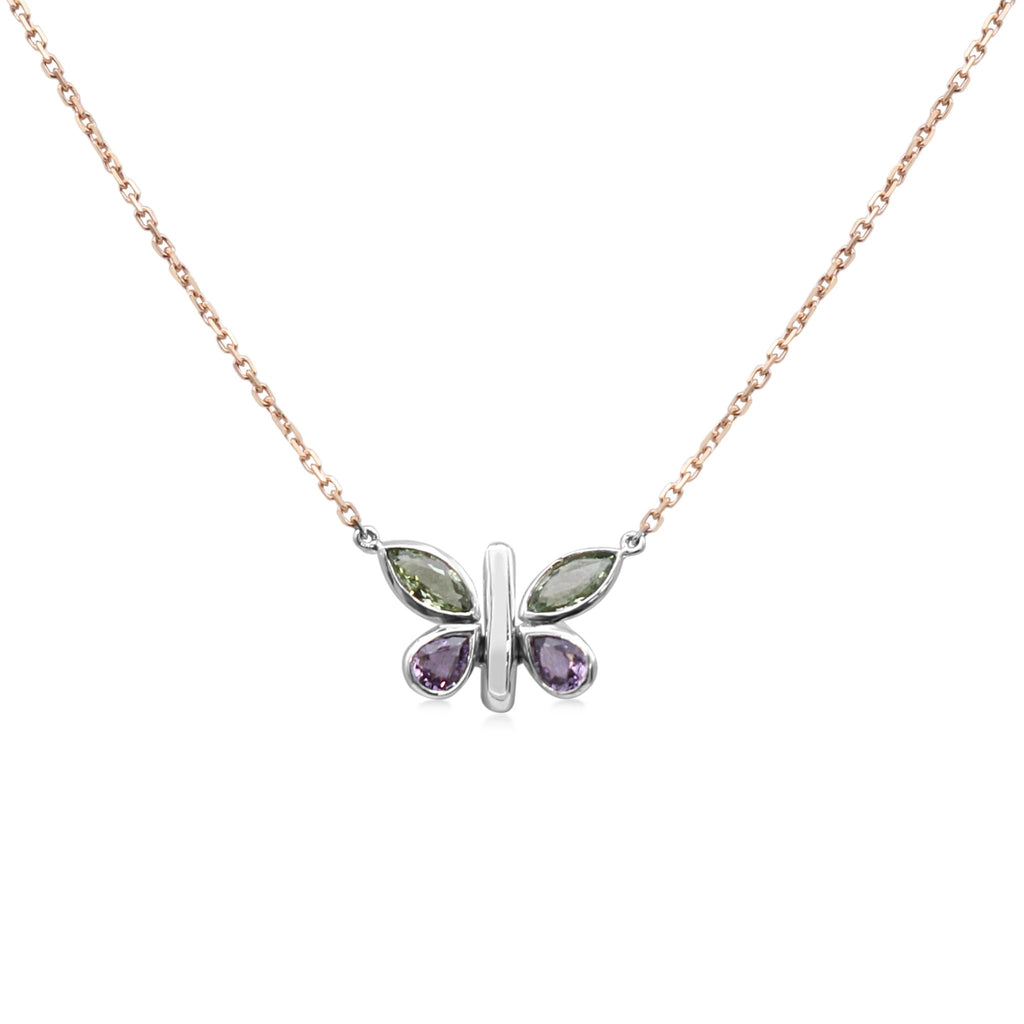 used Boodles Purple & Green Sapphire Titania Butterfly Pendant / Necklace -18ct Rose Gold