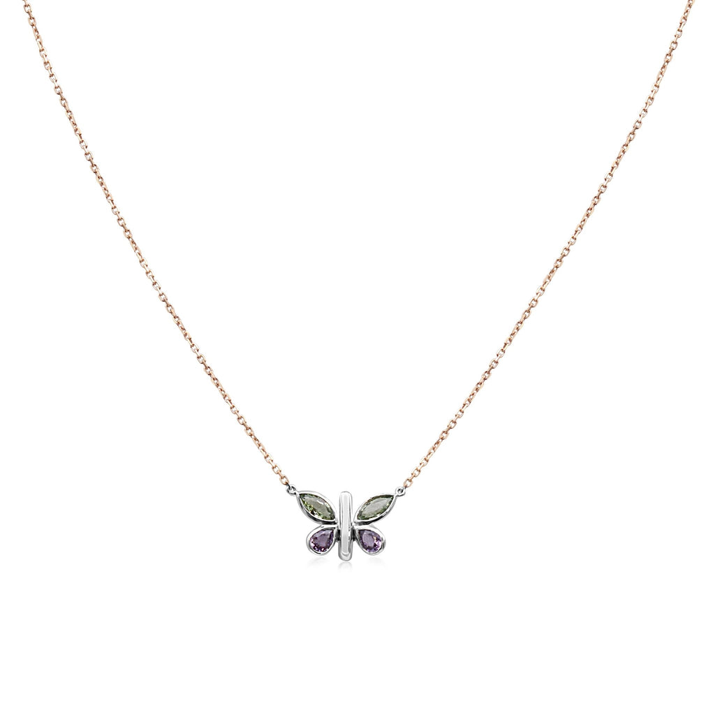 used Boodles Purple & Green Sapphire Titania Butterfly Pendant / Necklace -18ct Rose Gold