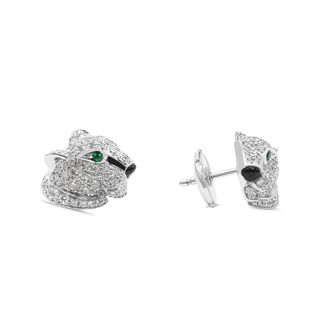 used Cartier 'Panthere De Cartier' Diamond, Emerald & Onyx Earrings - 18ct White Gold