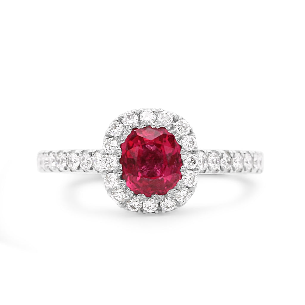 used Cushion Cut Red Spinel Diamond Cluster Ring - Platinum