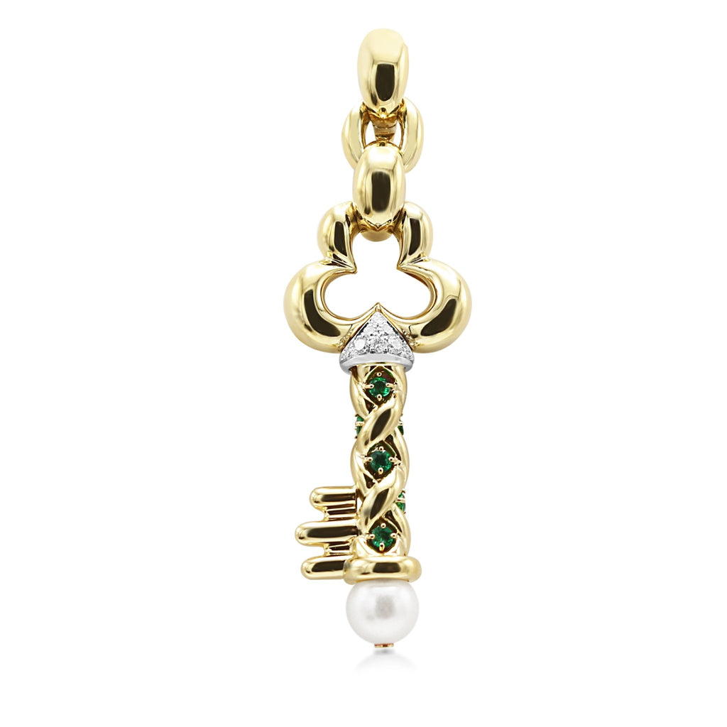 used Diamond, Emerald & Cultured Pearl Large Key Pendant By Chantecler