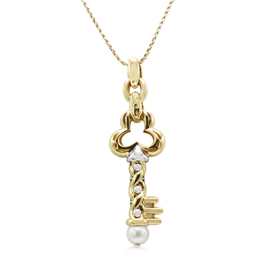 used Diamond, Emerald & Cultured Pearl Large Key Pendant By Chantecler