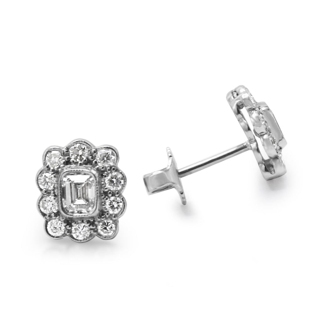 used Emerald & Brilliant Cut Diamond Cluster Stud Earrings - 18ct White Gold