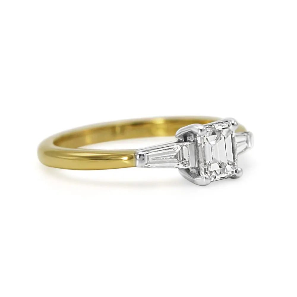 used Emerald Cut Diamond Ring with Baguette shoulders - 18ct Yellow Gold