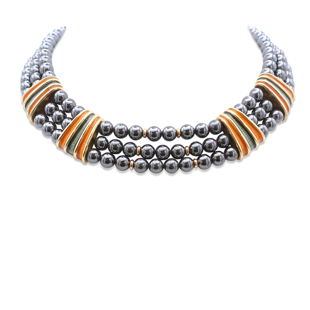 used Haemetite Bead & Enamelled Three Row Necklace By De Vroomen - 18ct Yellow Gold