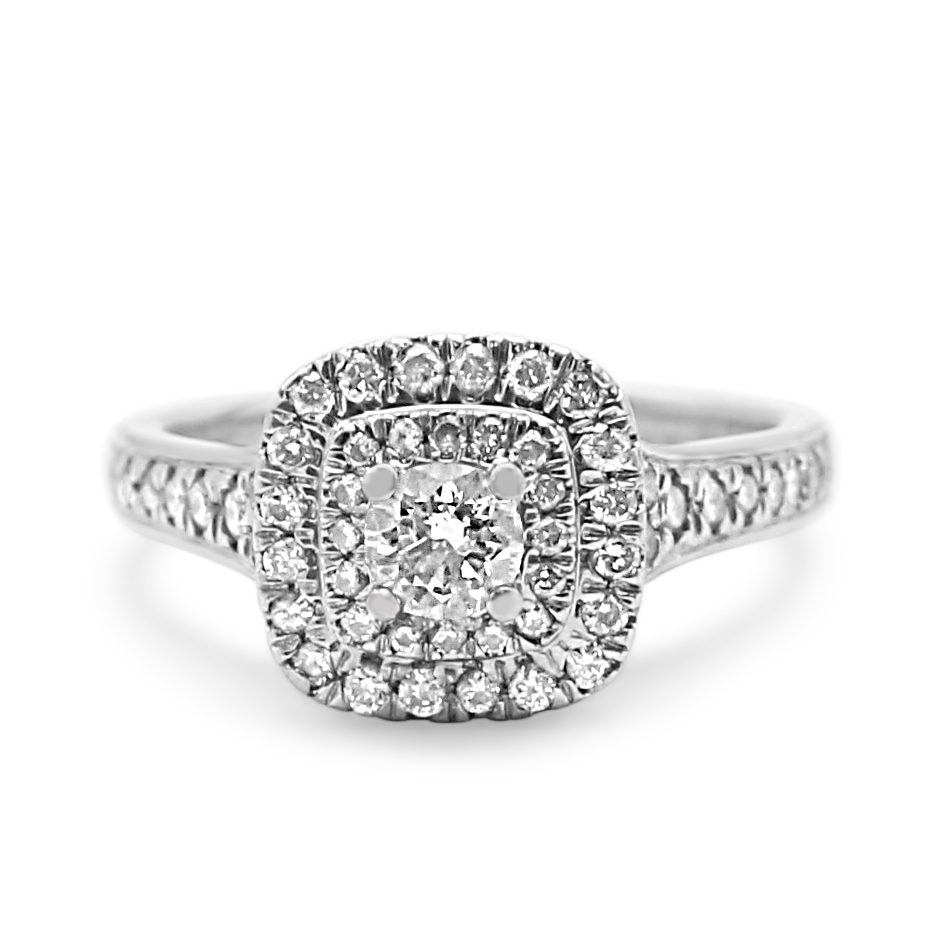 used Halo Diamond Ring With Diamond Shoulders - 18ct White Gold