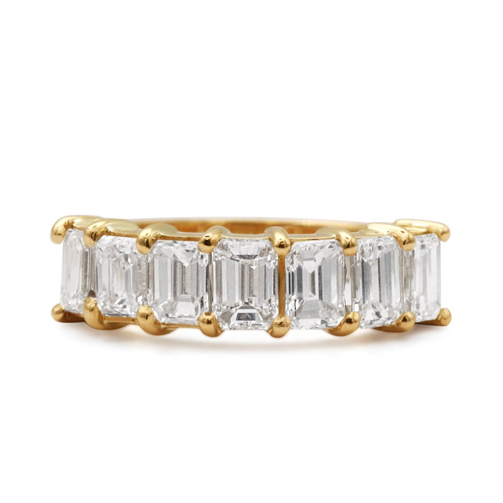 used Handmade Seven Stone Emerald Cut Diamond Ring - 18ct Yellow Gold