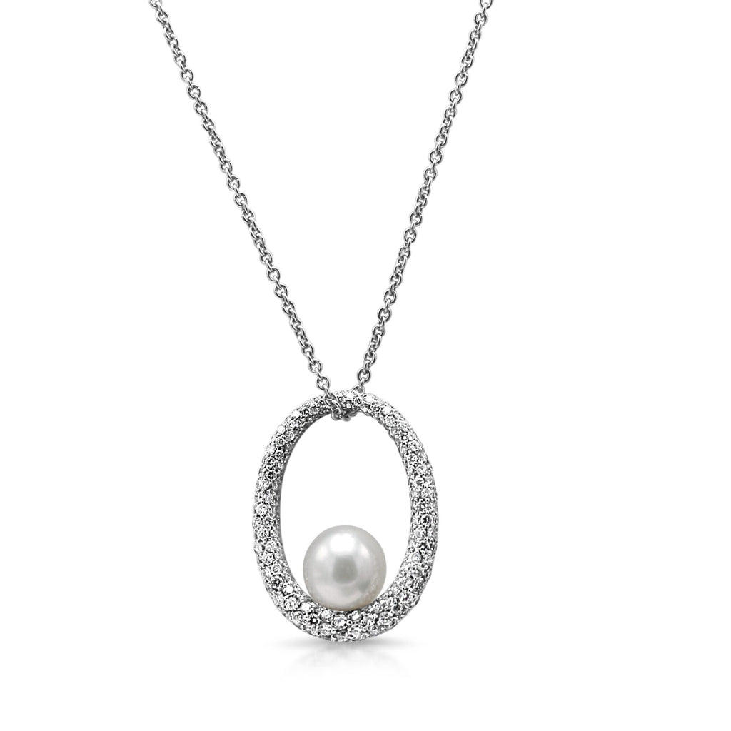 used Mikimoto Pearl & Diamond Oval Pendant On Necklace - 18ct White Gold