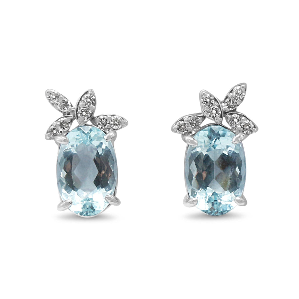 used Oval Faceted Aquamarine & Diamond Set Earrings - 18ct White Gold