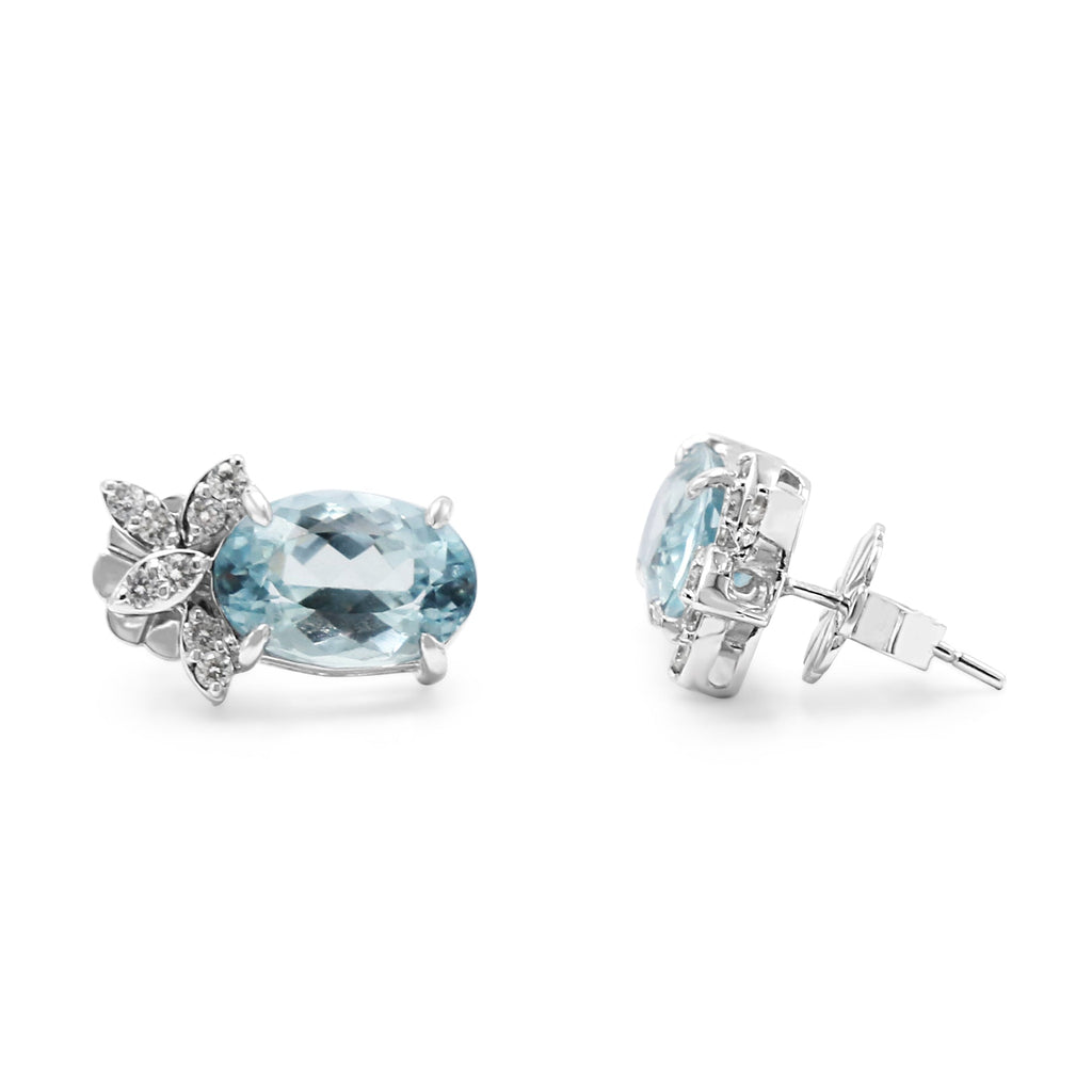 used Oval Faceted Aquamarine & Diamond Set Earrings - 18ct White Gold