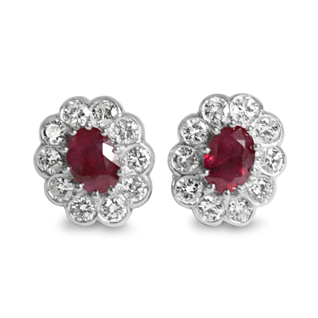 used Platinum Oval Cut Ruby & Brilliant Diamond Cluster Stud Earrings