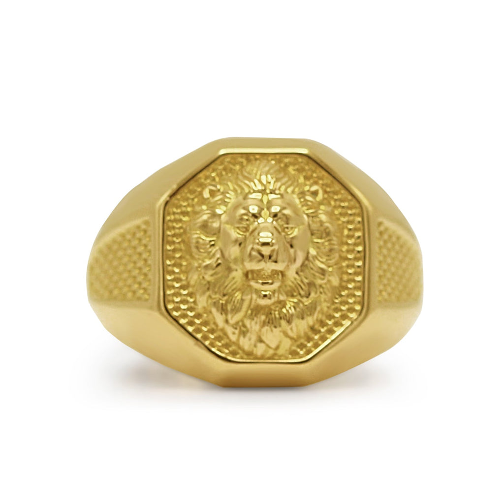 used Polished / Textured Finished Lion Head Signet Ring - 18ct Yellow Gold