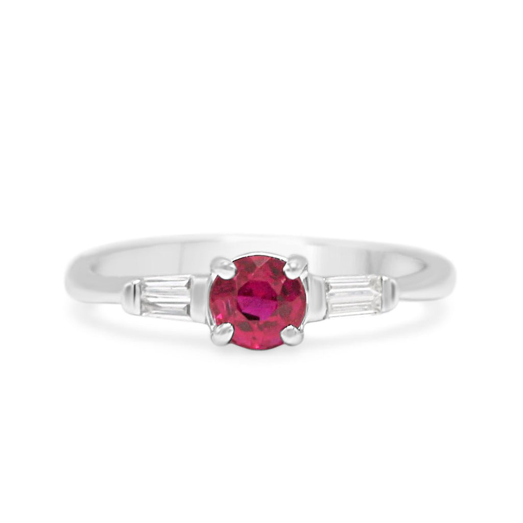 used Solitaire Ruby with Baguette Diamond Shoulders 18ct Trilogy Ring
