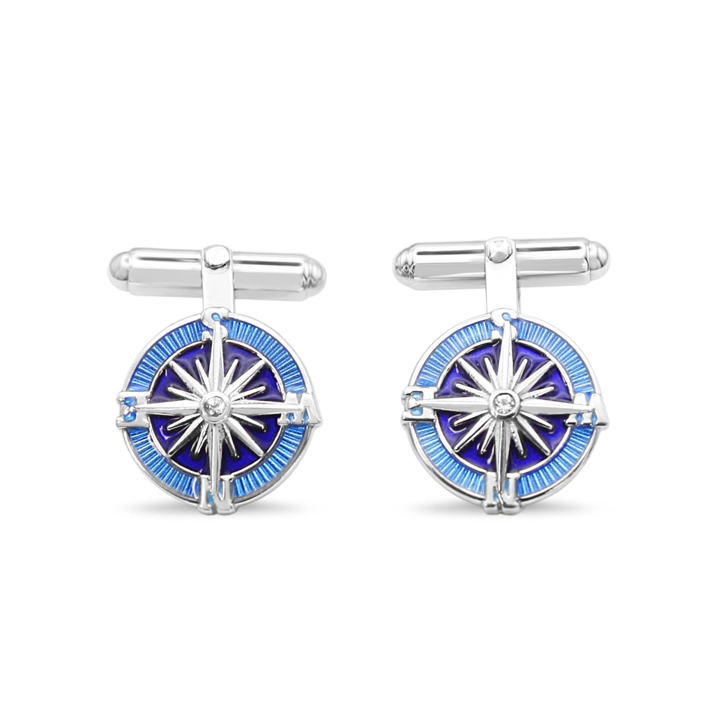 used T-Bar Compass Cufflinks with White Sapphire - Sterling Silver