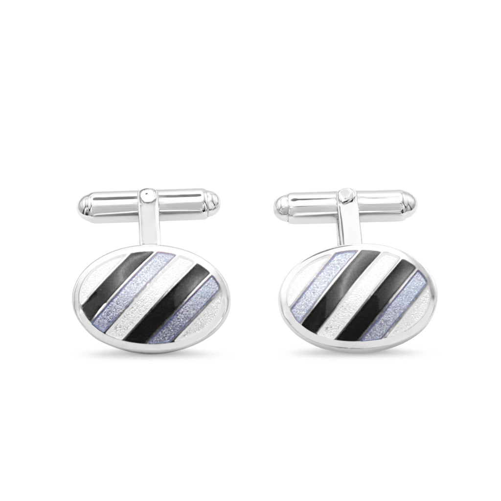 used T-bar Grey Striped Oval Cufflinks - Sterling Silver