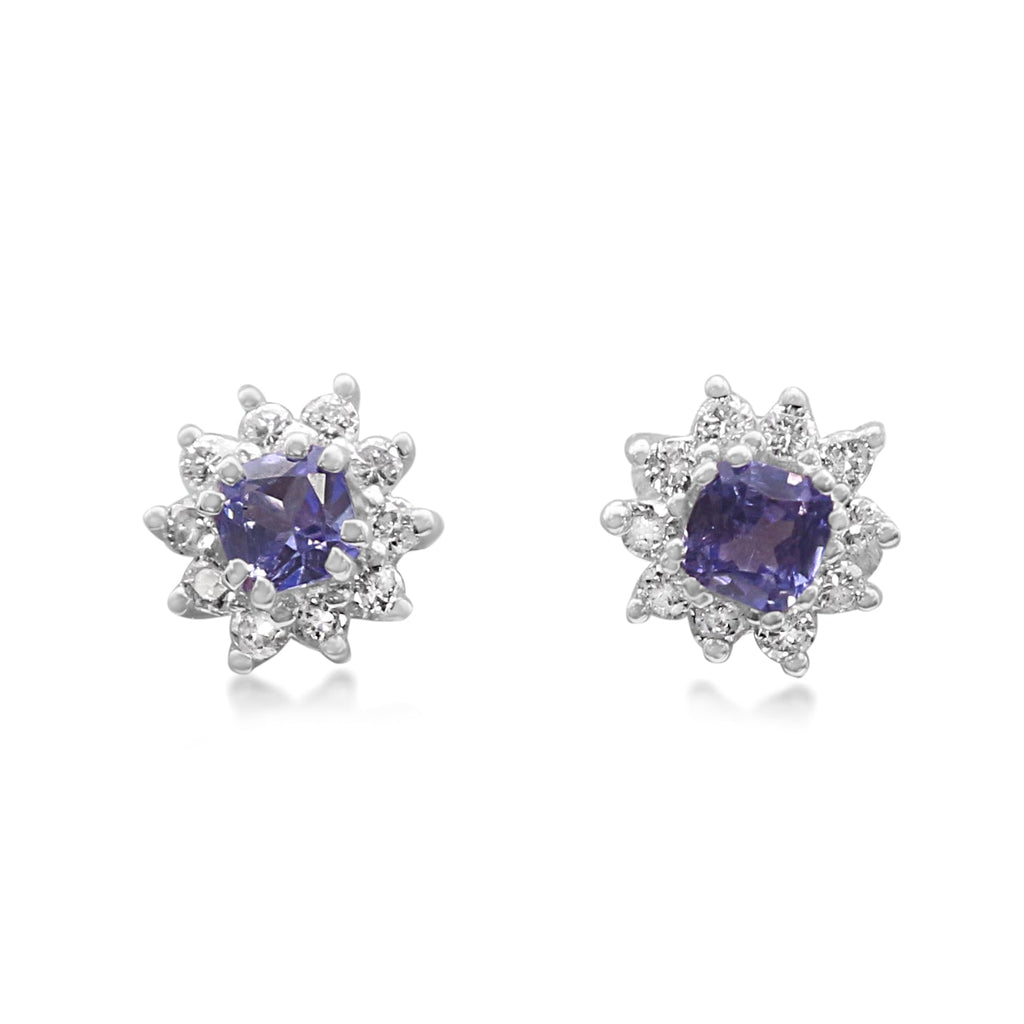 used Tanzanite & Diamond Cluster Earrings - 18ct White Gold